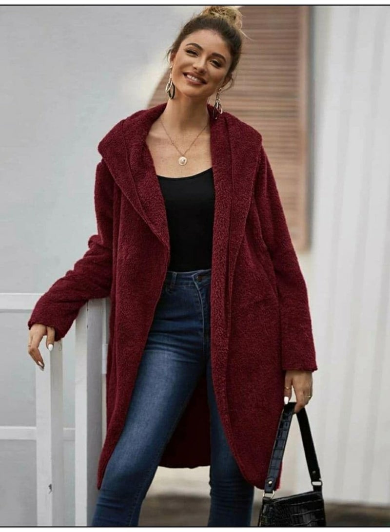 Solid Dual Pocket Open Front Teddy Coat (Burgundy) - Image 1